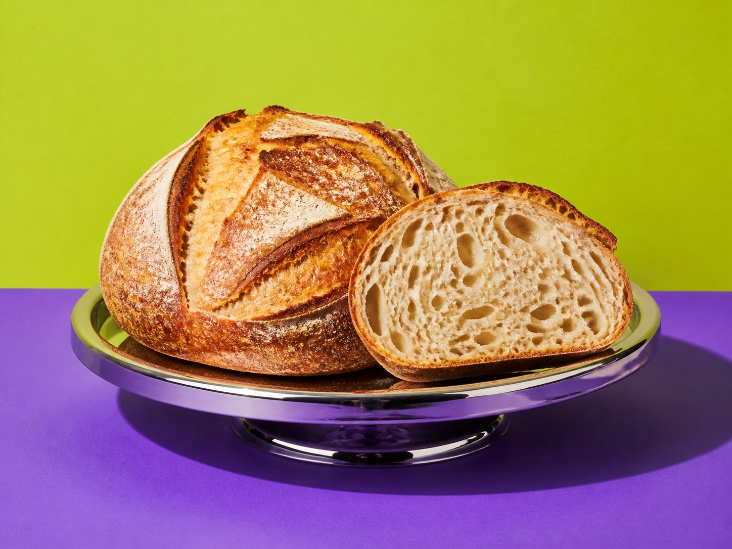 Illustrative sourdough loaf and a thick slice on chrome, with a lime and violet backdrop.